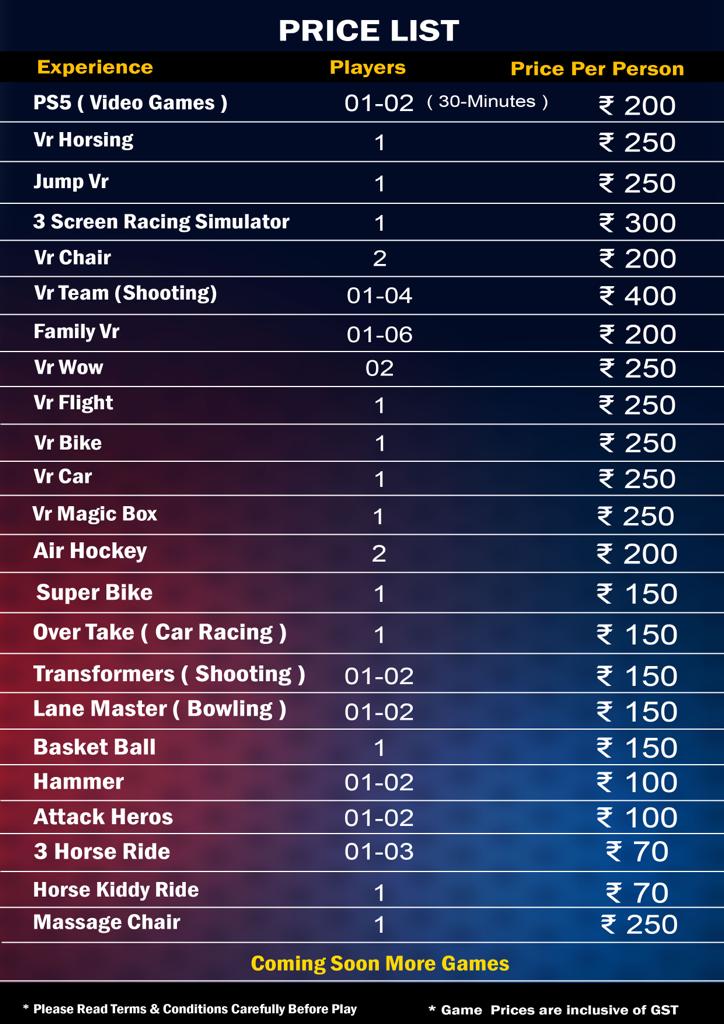 VR Theme Park Individual Game Price List