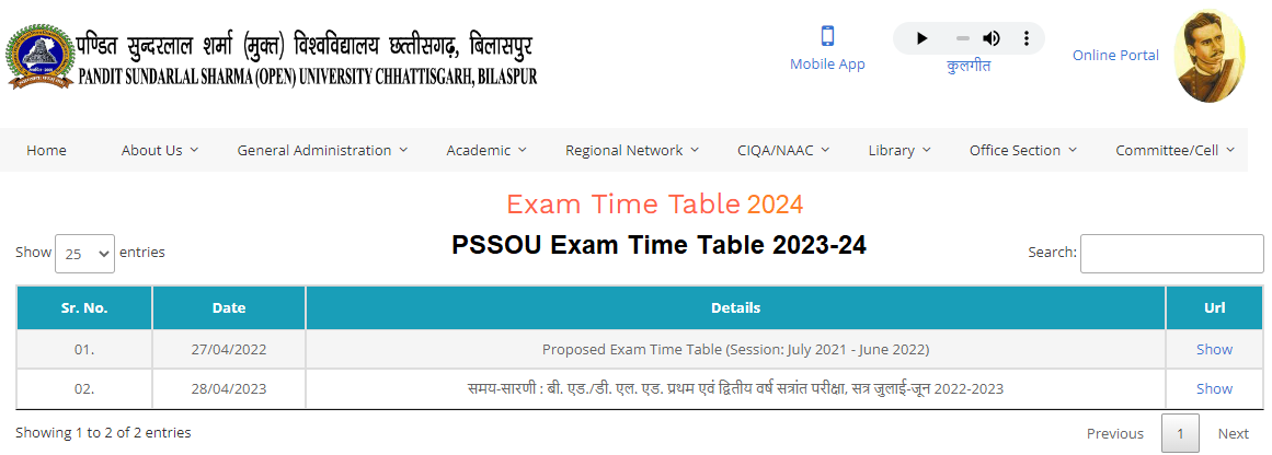 PSSOU Time Table