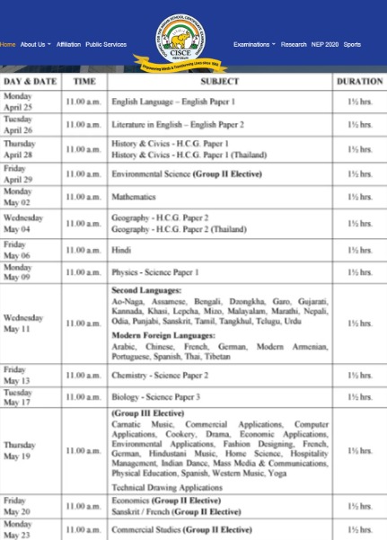 ICSE Time Table