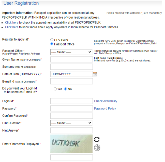 Passport Fresh Registration